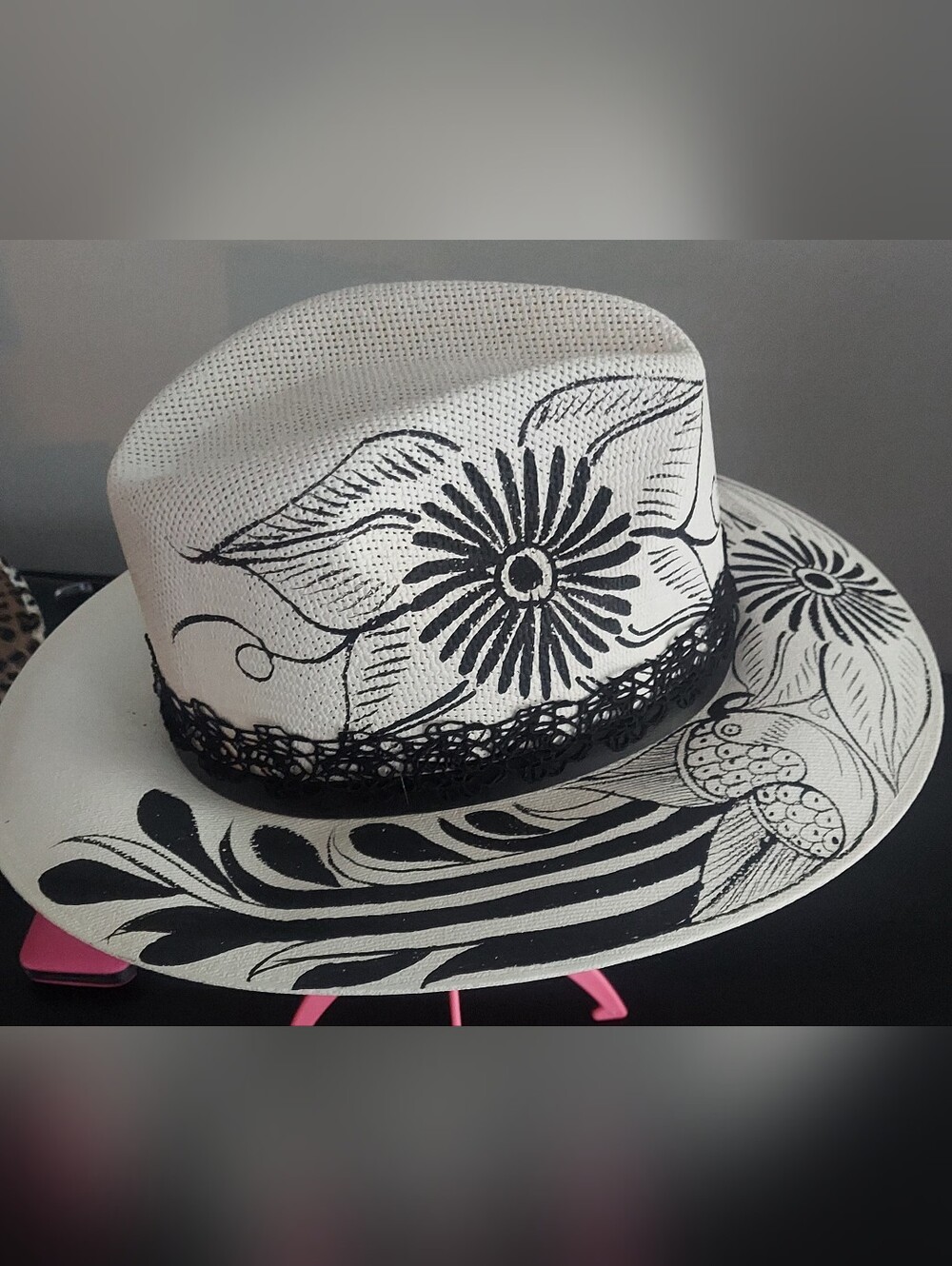 Handpainted Stylish White Straw Fedora with Black Floral Design